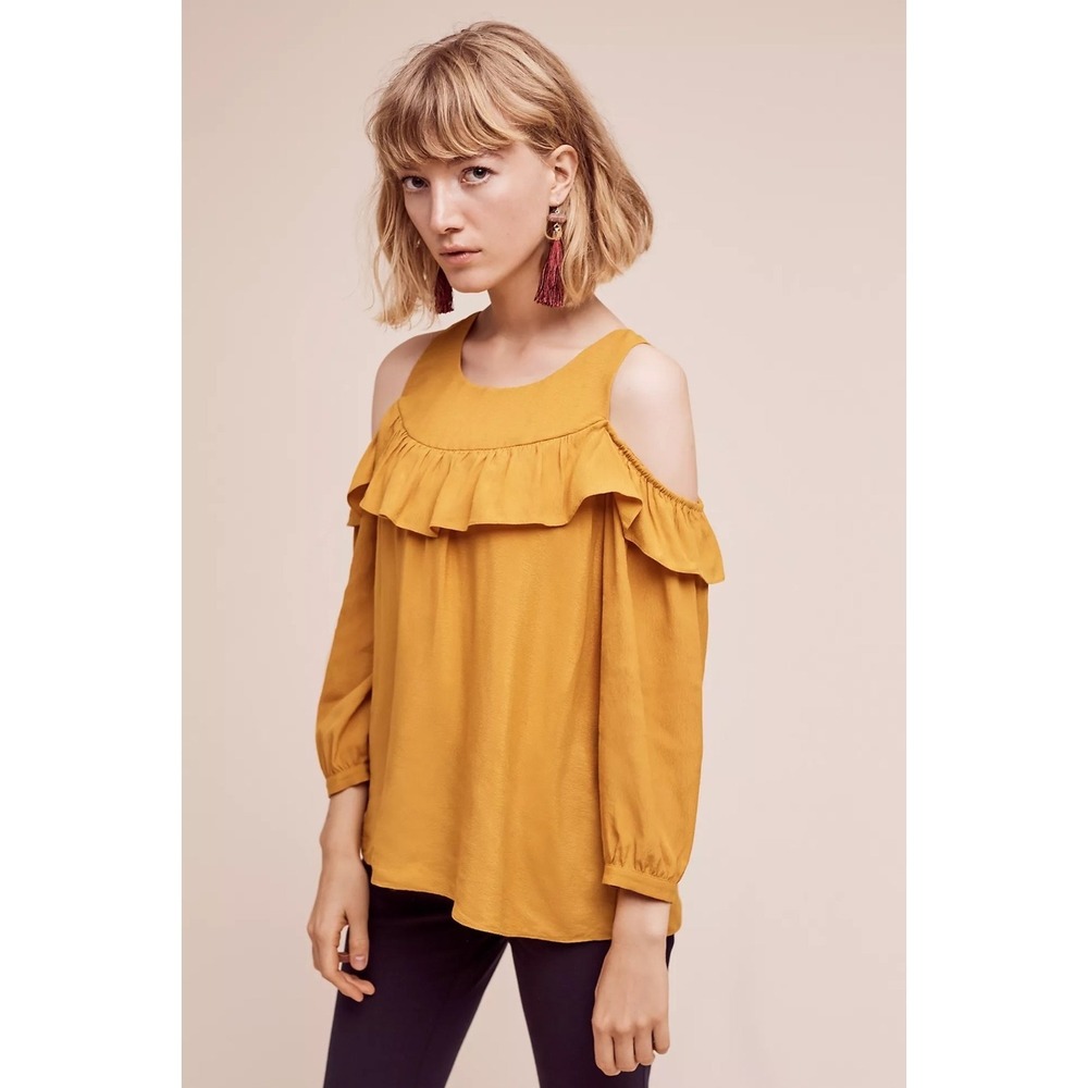 Maeve Anthropologie Mustard Yellow Ruffle Cold Shoulder Shirt 12 Boho Peasant